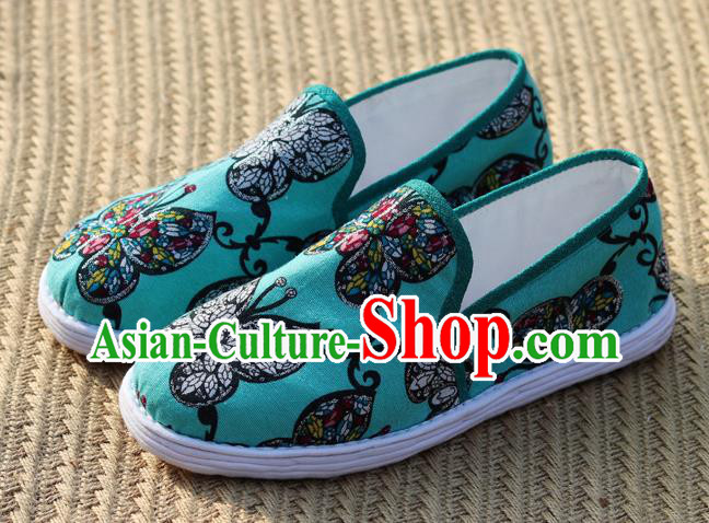 China Handmade Layered Cotton Sole Shoes National Woman Printing Butterfly Green Flax Shoes