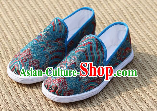 Chinese Handmade Shoes Traditional Martial Arts Shoes Classical Wave Pattern Blue Brocade Shoes
