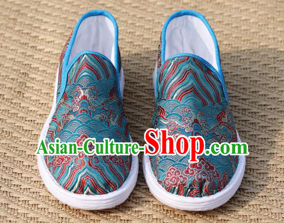 Chinese Handmade Shoes Traditional Martial Arts Shoes Classical Wave Pattern Blue Brocade Shoes
