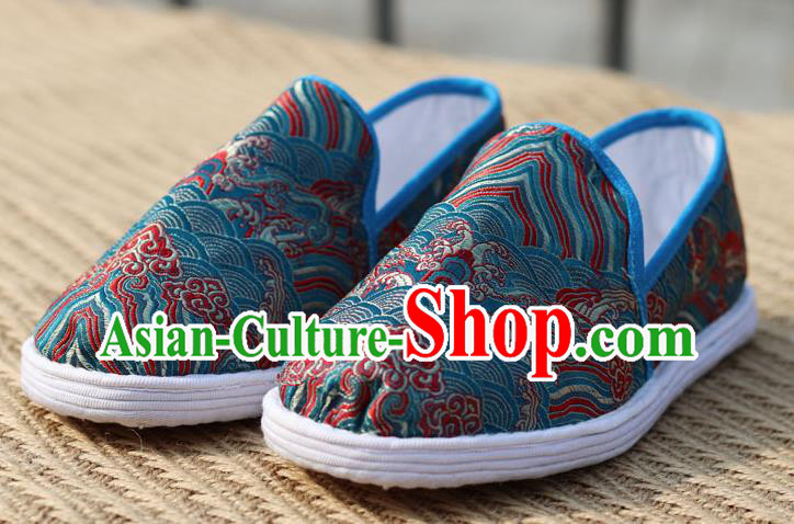 Chinese Handmade Shoes Traditional Martial Arts Shoes Classical Wave Pattern Blue Brocade Shoes