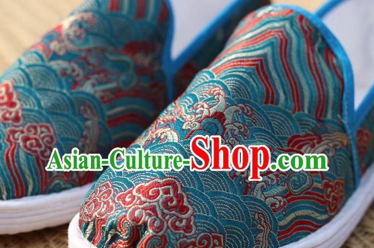 Chinese Handmade Shoes Traditional Martial Arts Shoes Classical Wave Pattern Blue Brocade Shoes