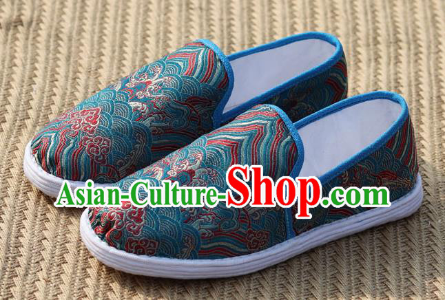 Chinese Handmade Shoes Traditional Martial Arts Shoes Classical Wave Pattern Blue Brocade Shoes
