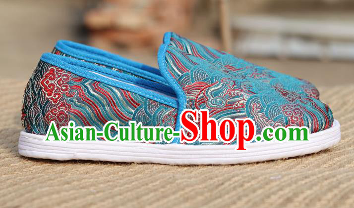 Chinese Handmade Shoes Traditional Martial Arts Shoes Classical Wave Pattern Blue Brocade Shoes