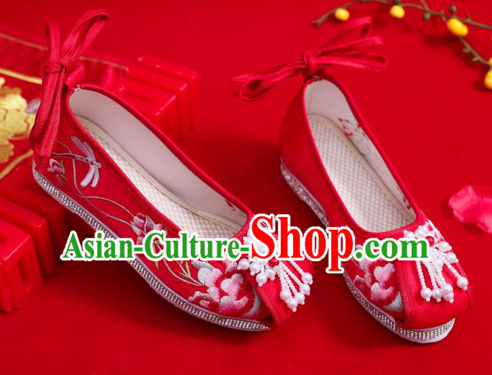 China Handmade Wedding Red Cloth Shoes National Embroidered Shoes Pearls Tassel Hanfu Shoes