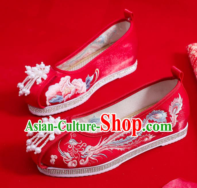 China National Embroidered Phoenix Shoes Pearls Tassel Hanfu Shoes Handmade Wedding Red Cloth Shoes