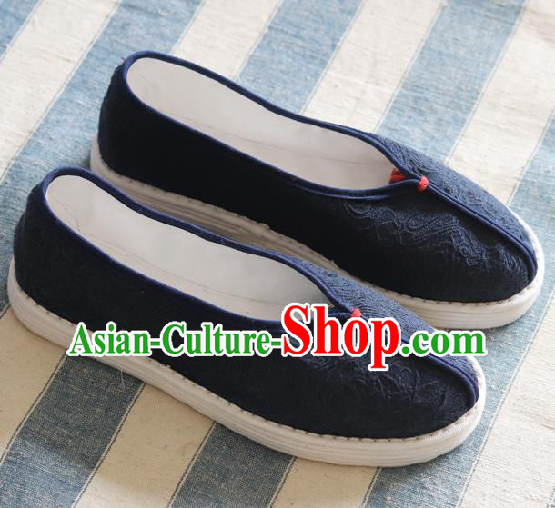 China National Woman Folk Dance Shoes Handmade Jacquard Navy Cloth Shoes