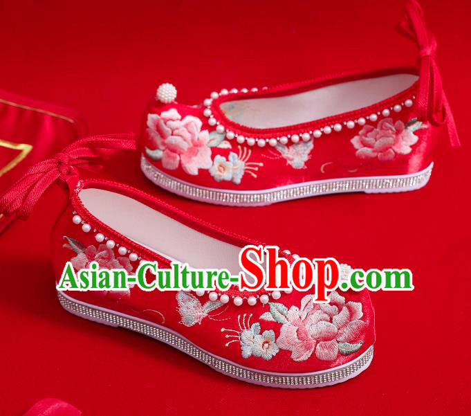 China Traditional Hanfu Pearls Shoes Handmade Wedding Red Satin Shoes National Embroidered Peony Shoes