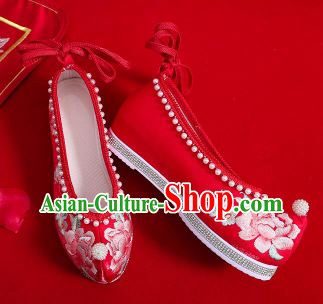 China Traditional Hanfu Pearls Shoes Handmade Wedding Red Satin Shoes National Embroidered Peony Shoes