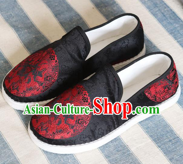 Chinese Traditional Martial Arts Black Satin Shoes Handmade Embroidered Dragons Shoes for Men