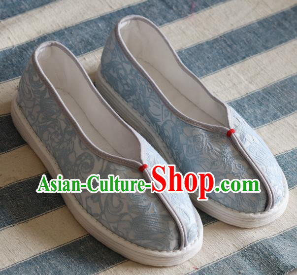 China National Woman Folk Dance Shoes Handmade Jacquard Blue Cloth Shoes