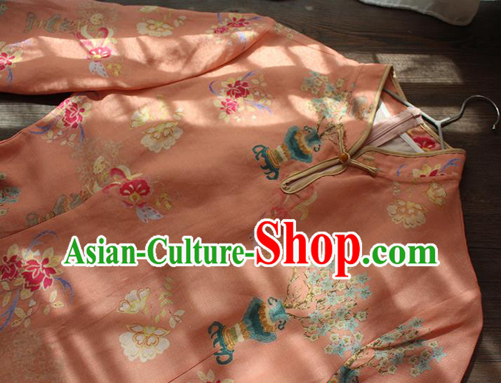 China National Women Clothing Stand Collar Qipao Dress Classical Printing Pink Flac Cheongsam