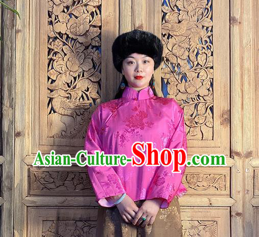 China National Women Slant Opening Cheongsam Shirt Classical Peony Butterfly Pattern Rosy Silk Blouse