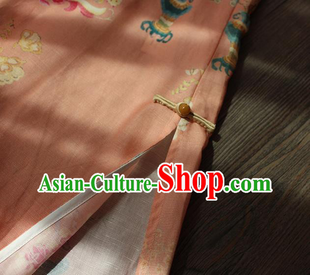 China National Women Clothing Stand Collar Qipao Dress Classical Printing Pink Flac Cheongsam