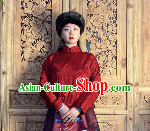 China National Cheongsam Shirt Classical Peony Butterfly Pattern Dark Red Silk Blouse