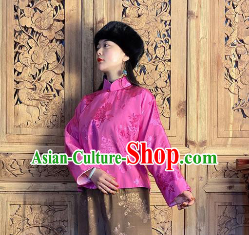 China National Women Slant Opening Cheongsam Shirt Classical Peony Butterfly Pattern Rosy Silk Blouse