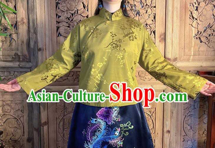 China Classical Peony Butterfly Pattern Olive Green Silk Blouse National Cheongsam Shirt