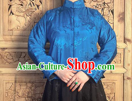China National Cheongsam Shirt Upper Outer Garment Classical Lion Pattern Royalblue Silk Blouse