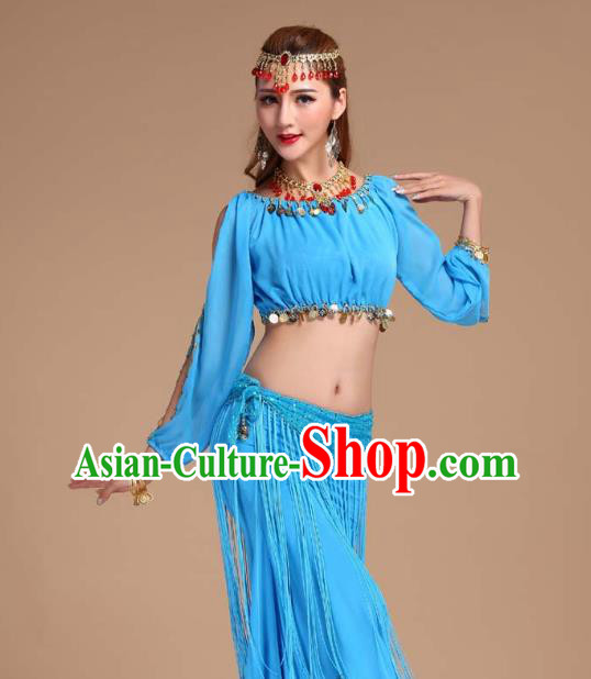 Indian Traditional Belly Dance Blue Tassel Skirt Outfits Asian India Folk Dance Oriental Dance Clothing
