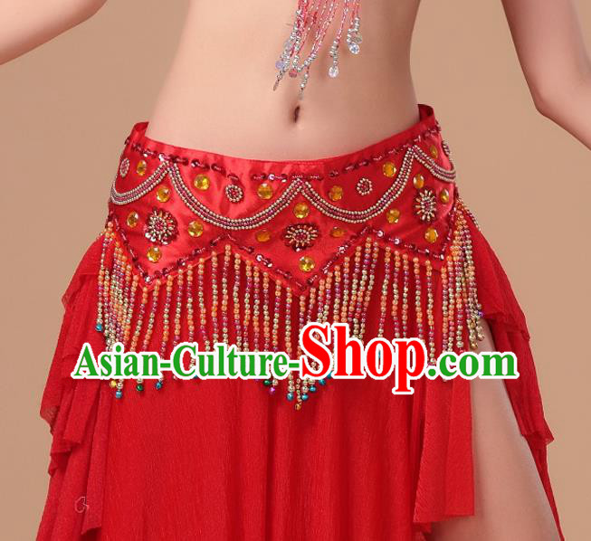 Indian Belly Dance Beads Tassel Red Waistband Asian Traditional Oriental Dance Waist Accessories