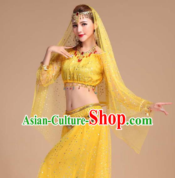 Asian India Folk Dance Clothing Indian Traditional Court Stage Performance Yellow Skirt Outfits