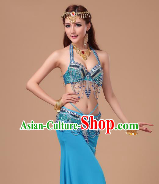Top Belly Dance Clothing Asian Indian Oriental Dance Blue Uniforms Traditional Stage Performance Bra and Skirt