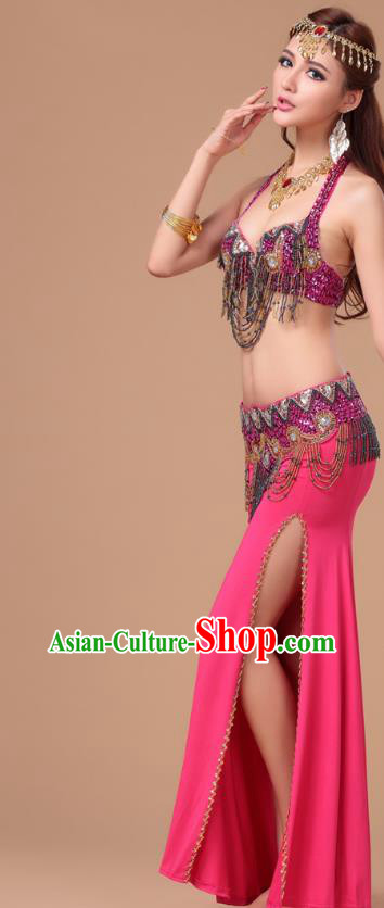 Indian Belly Dance Sexy Rosy Uniforms Top Asian Oriental Dance Performance Bra and Skirt Clothing
