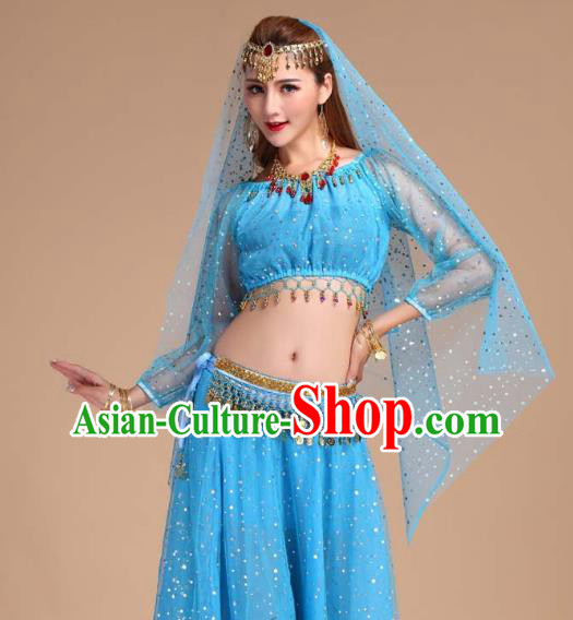 Indian Belly Dance Blue Skirt Outfits Asian Traditional Court Stage Performance Dress India Folk Dance Clothing