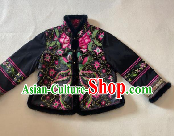 Chinese Classical Embroidered Phoenix Cotton Wadded Jacket Winter Costume National Black Silk Coat