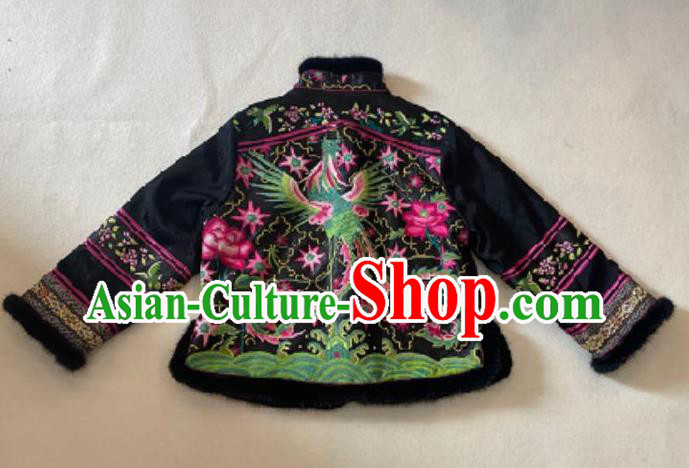 Chinese Classical Embroidered Phoenix Cotton Wadded Jacket Winter Costume National Black Silk Coat