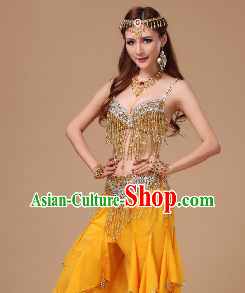 Asian Indian Belly Dance Training Yellow Uniforms Traditional Oriental Beauty Dance Bra and Pants Costumes