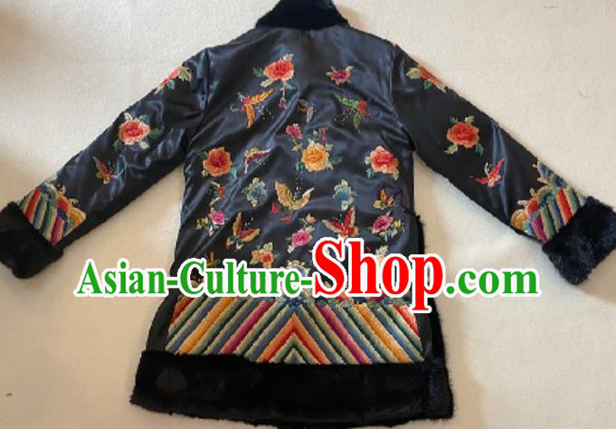 Chinese Embroidered Butterfly Peony Black Silk Jacket Winter Female Costume National Cotton Wadded Coat