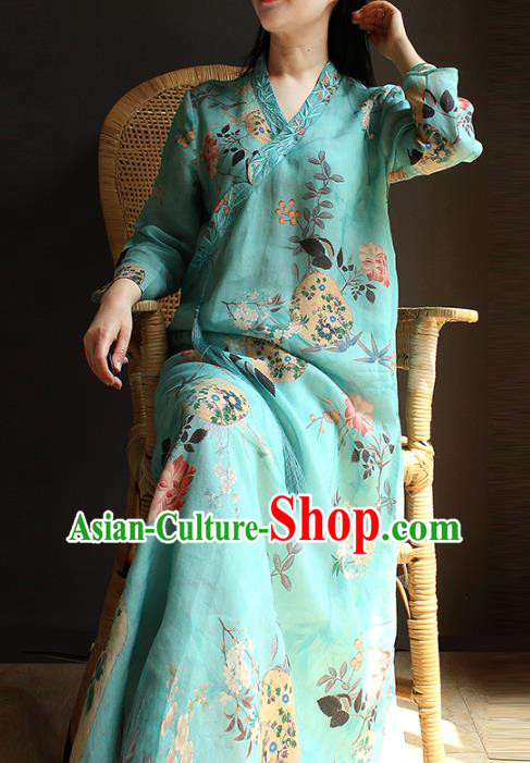 China Traditional Slant Opening Qipao Dress Classical Printing Blue Flax Cheongsam National Women Clothing