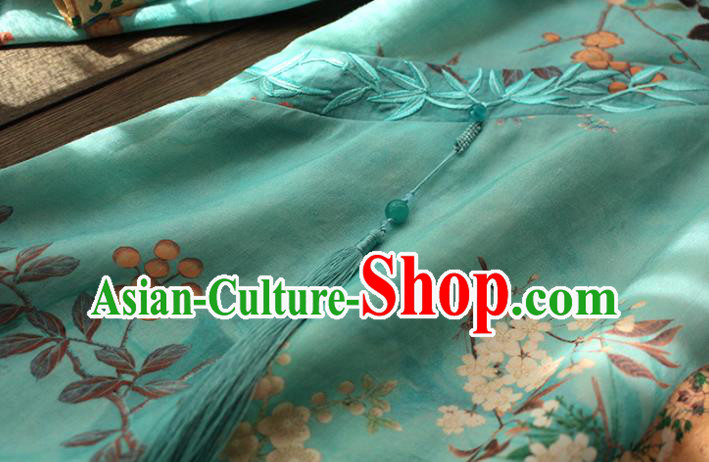 China Traditional Slant Opening Qipao Dress Classical Printing Blue Flax Cheongsam National Women Clothing