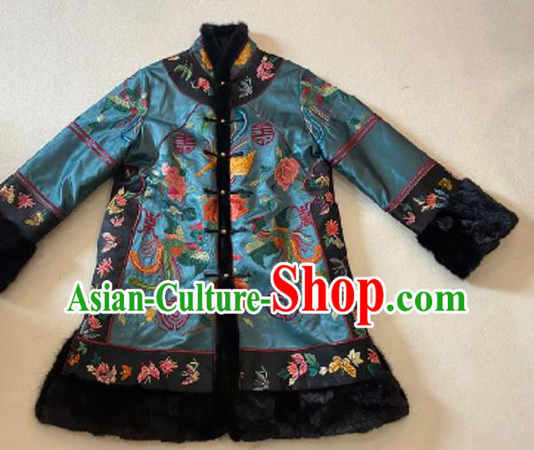 Chinese Embroidered Phoenix Peony Blue Silk Jacket National Cotton Wadded Coat Female New Year Costume