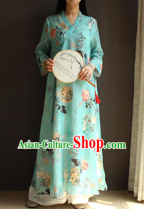 China Traditional Slant Opening Qipao Dress Classical Printing Blue Flax Cheongsam National Women Clothing