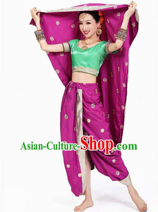 Top Indian Folk Dance Stage Performance Costume Oriental Dance Green Blouse and Purple Pants