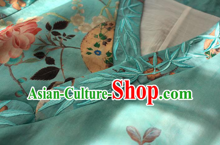 China Traditional Slant Opening Qipao Dress Classical Printing Blue Flax Cheongsam National Women Clothing