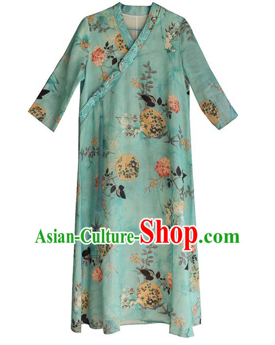 China Traditional Slant Opening Qipao Dress Classical Printing Blue Flax Cheongsam National Women Clothing