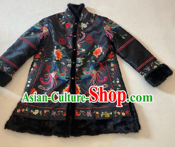 Chinese National Female Cotton Wadded Coat New Year Costume Embroidered Phoenix Peony Black Silk Jacket