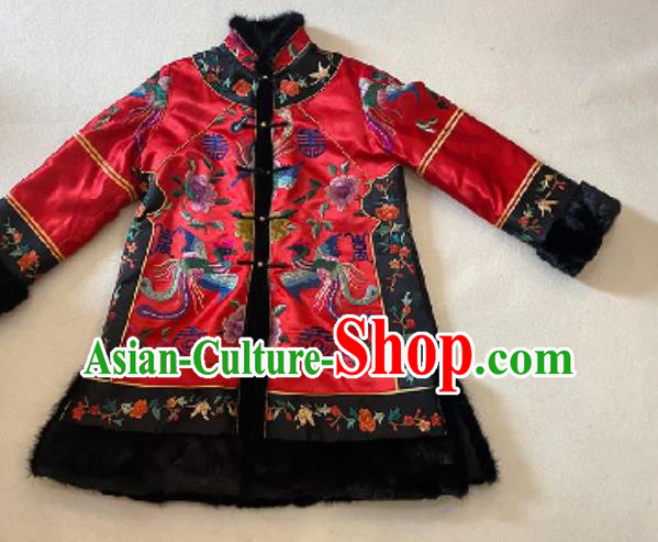 Chinese Red Silk Cotton Wadded Coat Costume National Embroidered Phoenix Peony Jacket
