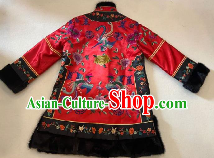 Chinese Red Silk Cotton Wadded Coat Costume National Embroidered Phoenix Peony Jacket
