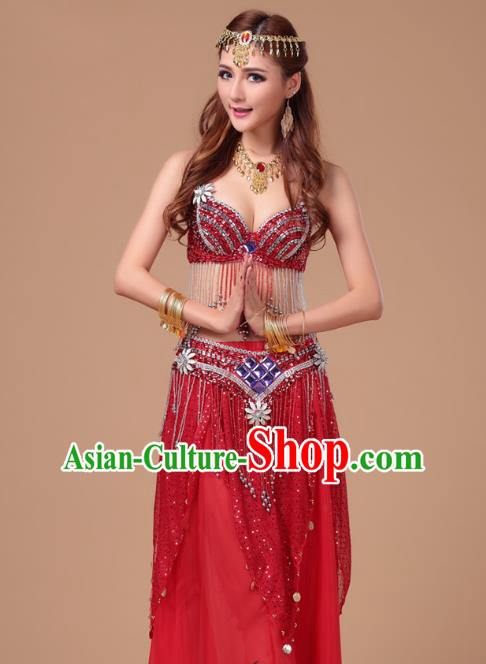 Top Indian Belly Dance Stage Performance Sexy Bra and Red Skirt Uniforms Asian Oriental Dance Clothing