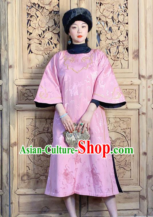 China Classical Wide Sleeve Cheongsam Traditional Embroidered Pink Silk Qipao Dress National Women Clothing