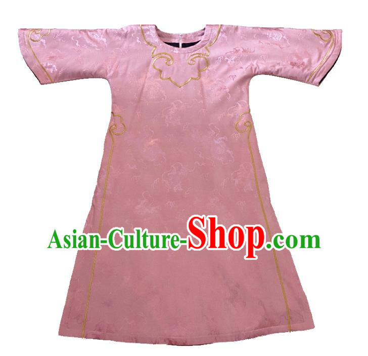 China Classical Wide Sleeve Cheongsam Traditional Embroidered Pink Silk Qipao Dress National Women Clothing