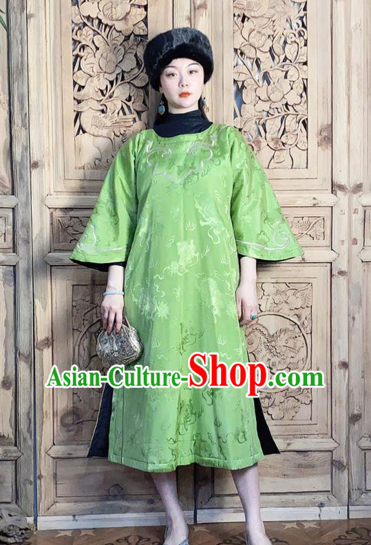 China National Women Clothing Classical Wide Sleeve Cheongsam Traditional Embroidered Green Silk Qipao Dress