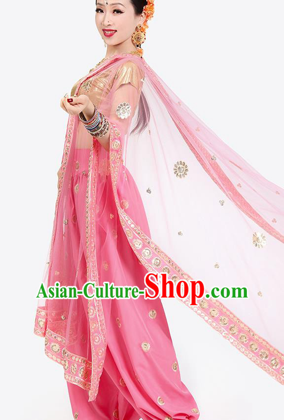 Top India Folk Dance Stage Performance Costumes Indian Young Lady Golden Blouse and Pink Pants