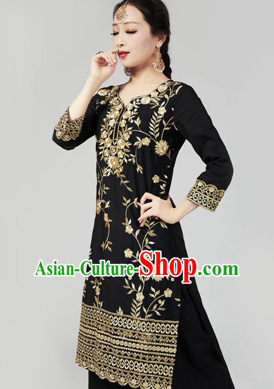 Asian Indian Black Blouse and Loose Pants India Traditional Embroidered Punjab Clothing Female Dance Costumes