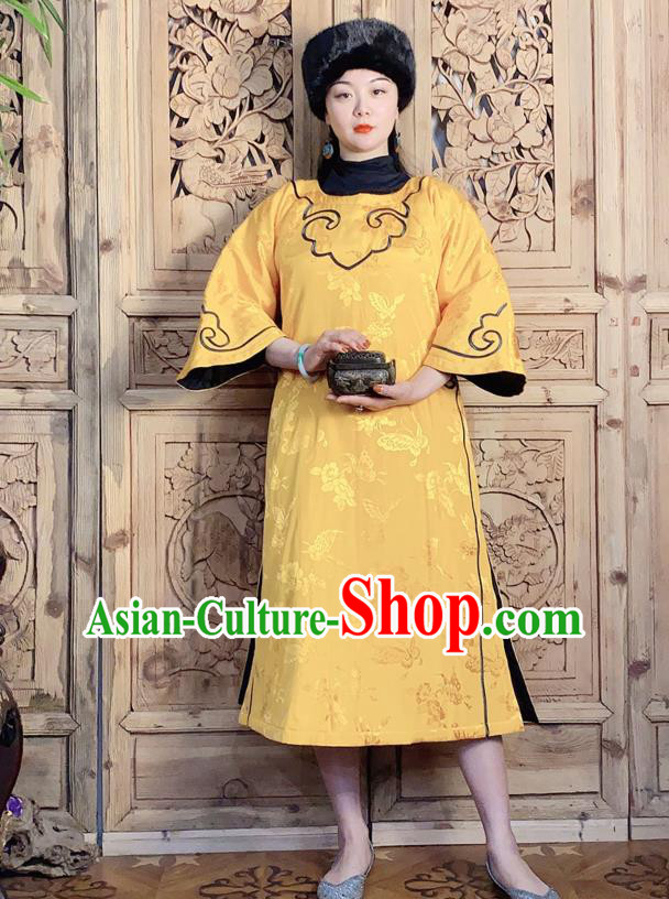 China Women Embroidered Clothing Classical Cheongsam Traditional Wide Sleeve Yellow Silk Qipao Dress