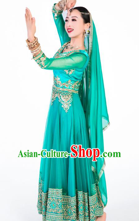 Indian Traditional Dance Embroidered Green Anarkali Dress Asian India Bollywood Stage Performance Clothing