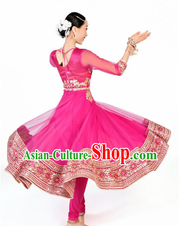 Asian India Bollywood Stage Performance Clothing Indian Traditional Dance Embroidered Rosy Anarkali Dress and Pants